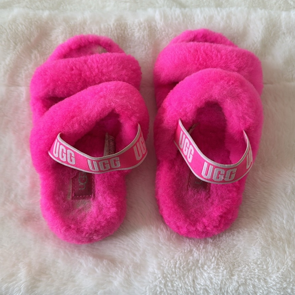 Ugg pink Oh Yeah fluffy slide slippers size girls 13 - Picture 5 of 8